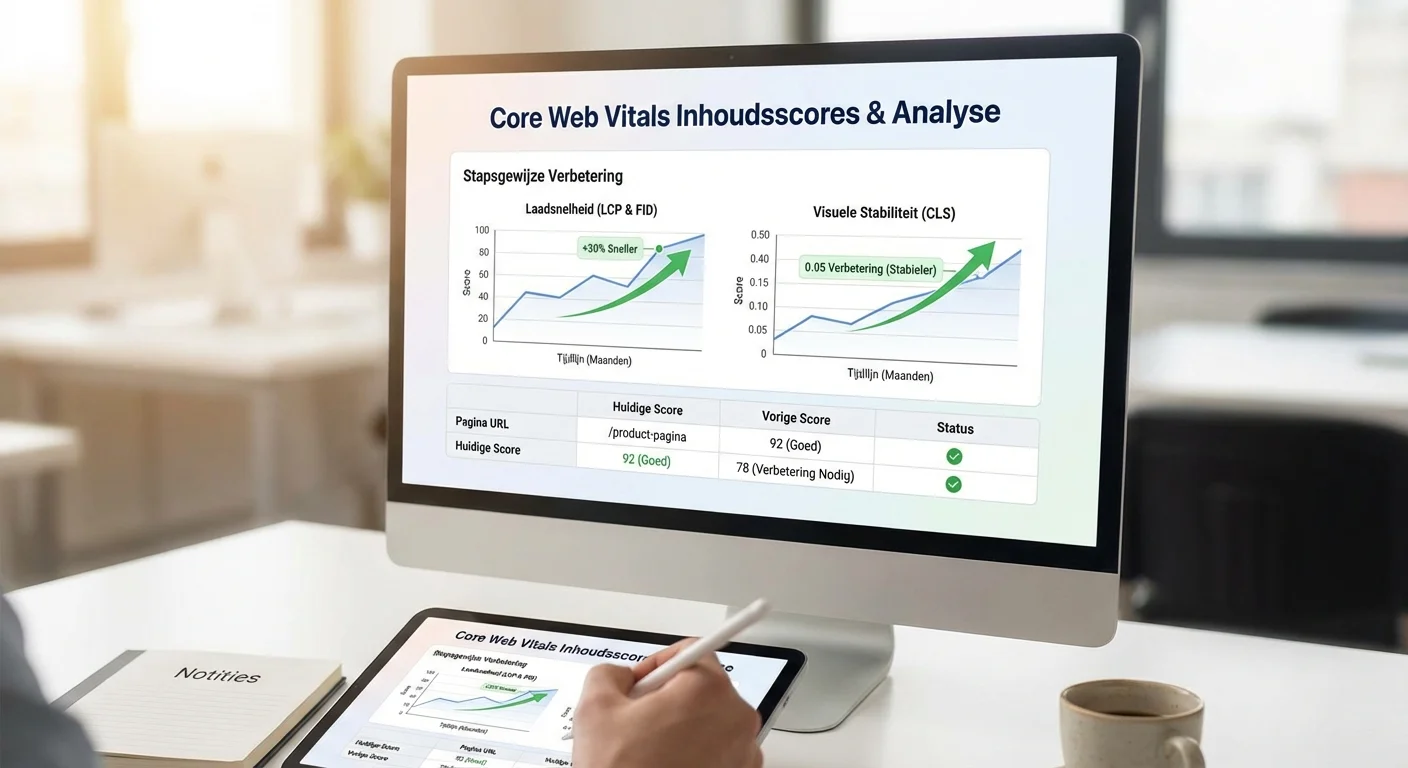 Een stapsgewijze procesvisualisatie van een dashboard dat core web vitals content scores weergeeft, met grafieken die de verbetering van de laadsnelheid en visuele stabiliteit tonen voor een professionele analyse