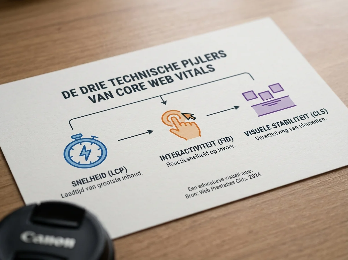 Een gedetailleerd diagram in infographic-stijl dat de drie technische pijlers van core web vitals content visualiseert met iconen voor snelheid, interactiviteit en visuele stabiliteit