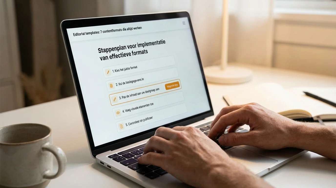 Laptop scherm waarop Editorial templates: 7 contentformats die altijd werken worden ingevuld volgens een stappenplan voor het implementeren van effectieve formats