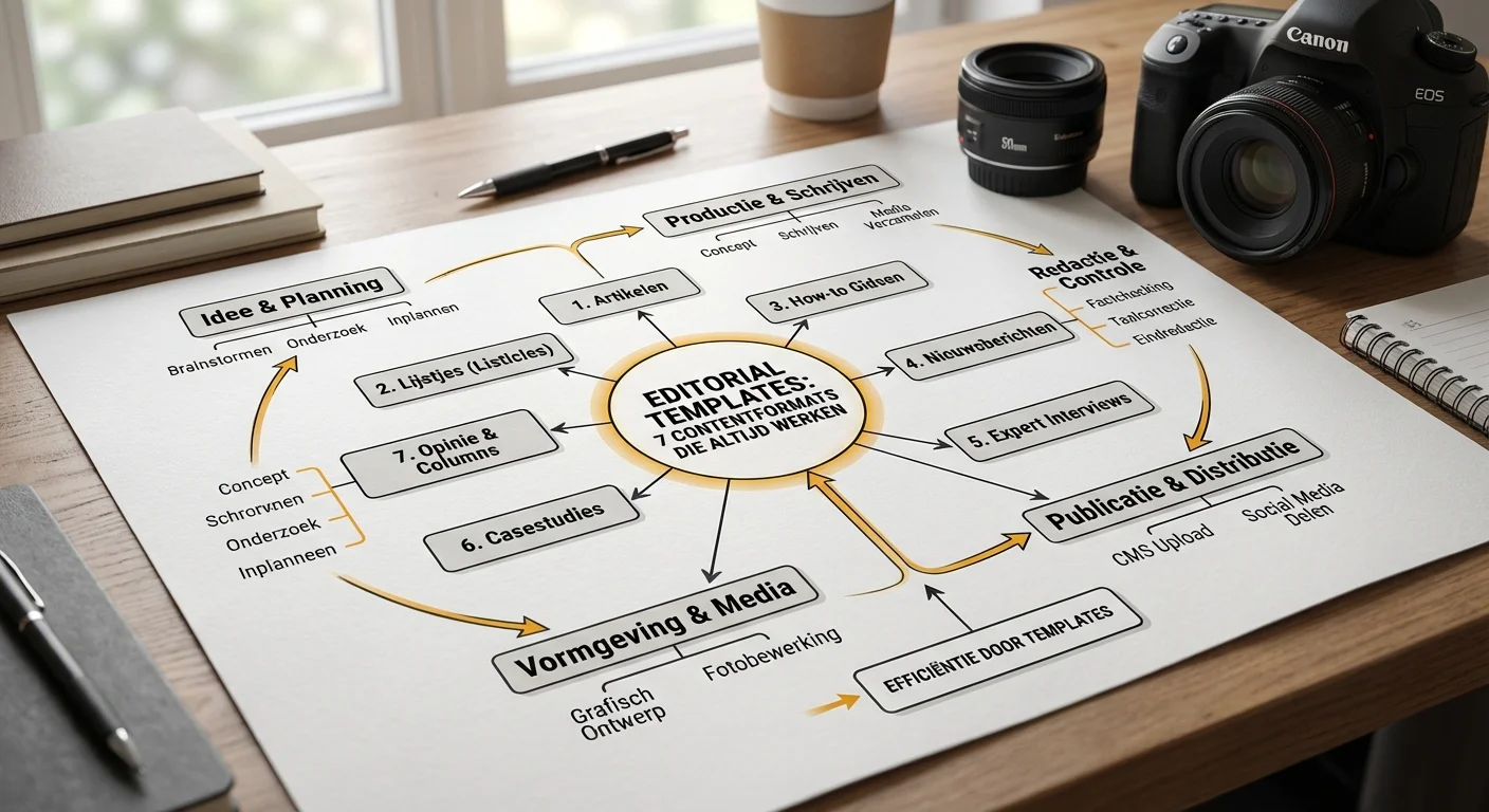 Een overzichtelijk diagram in infographic-stijl dat de workflow van een redactie toont met Editorial templates: 7 contentformats die altijd werken als centraal middelpunt voor effici&euml;ntie