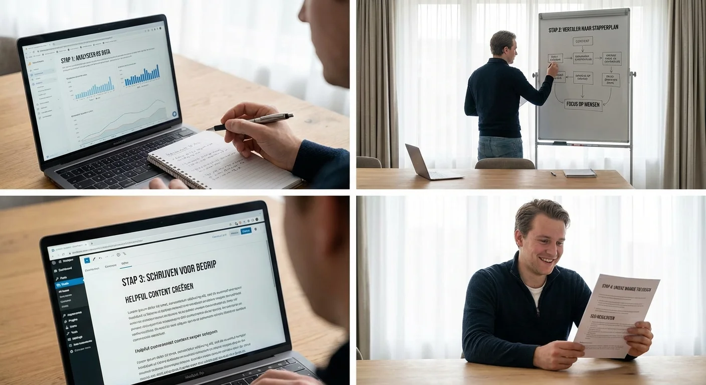 Step-by-step illustration van een schrijver die complexe data vertaalt naar een begrijpelijk stappenplan voor 'Helpful content': hoe je schrijft voor mensen (en toch SEO wint), proces visualisatie van unieke content creatie