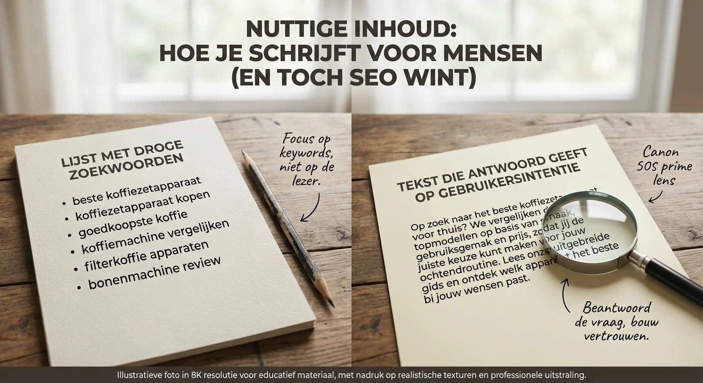 Comparative view, side-by-side layout van 'Helpful content': hoe je schrijft voor mensen (en toch SEO wint) waarbij een lijst met droge zoekwoorden wordt vergeleken met een tekst die antwoord geeft op de gebruikersintentie