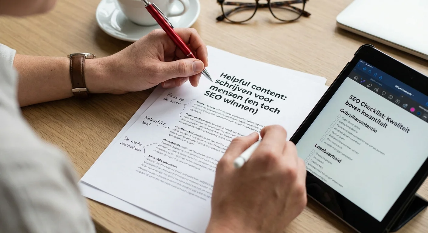 Schrijver die een kwaliteitscontrole uitvoert op een tekst over 'Helpful content': hoe je schrijft voor mensen (en toch SEO wint)